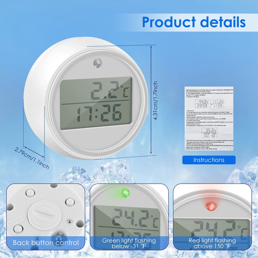 Water Bath Thermometer with Timer Small Floating Waterproof Ice Bath Thermometer with Clear LED Display 1.7X1.1Inch Cold Plunge