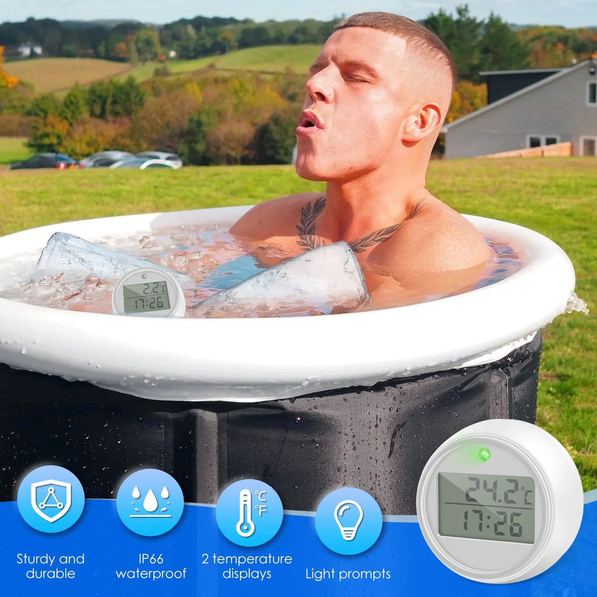 Water Bath Thermometer with Timer Small Floating Waterproof Ice Bath Thermometer with Clear LED Display 1.7X1.1Inch Cold Plunge