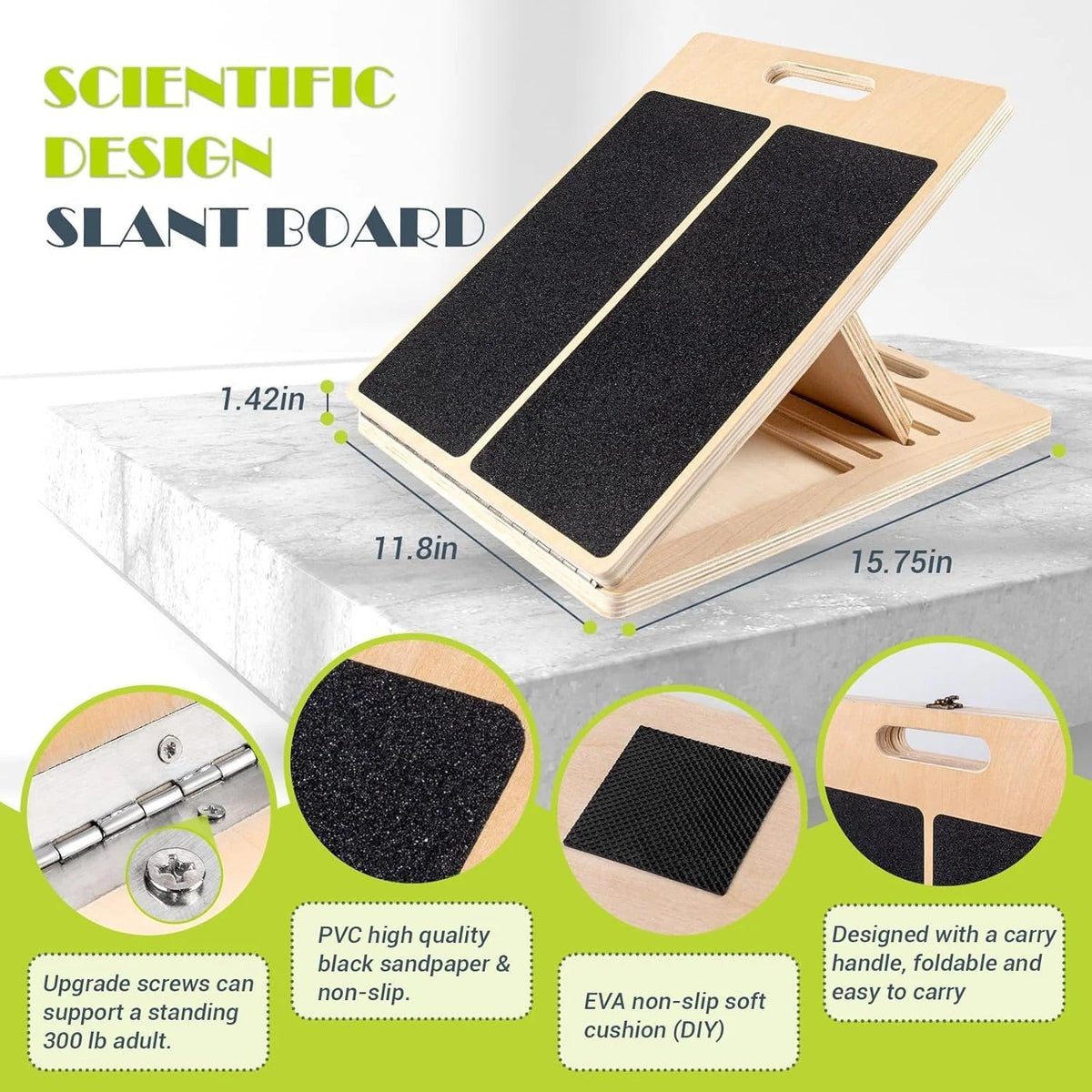 Slant Board for Calf Stretching, Adjustable Portable Wooden Incline Board for Calf Stretcher with Training Poster, 300 Lbs Weigh