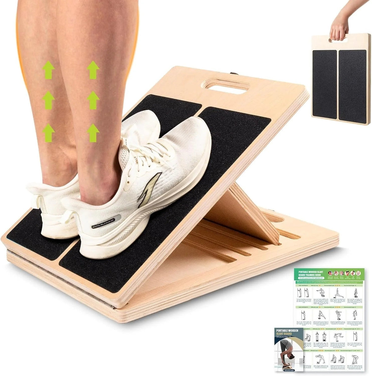 Slant Board for Calf Stretching, Adjustable Portable Wooden Incline Board for Calf Stretcher with Training Poster, 300 Lbs Weigh