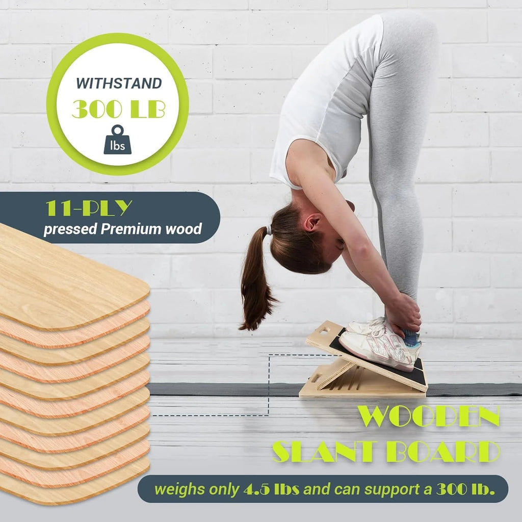 Slant Board for Calf Stretching, Adjustable Portable Wooden Incline Board for Calf Stretcher with Training Poster, 300 Lbs Weigh