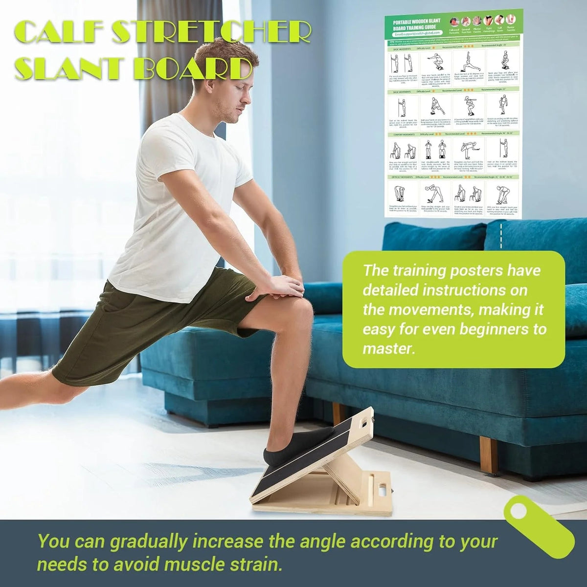 Slant Board for Calf Stretching, Adjustable Portable Wooden Incline Board for Calf Stretcher with Training Poster, 300 Lbs Weigh